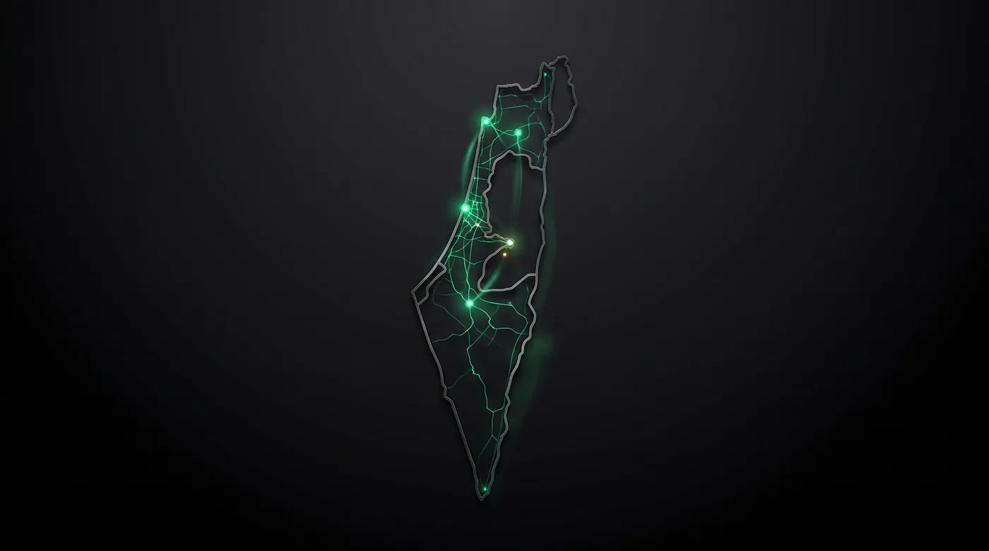 איור דקורטיבי של מפת ישראל עם נקודות זוהרות